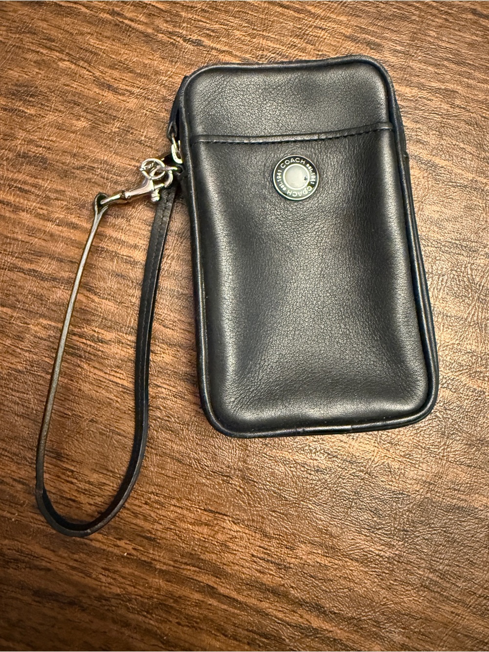 Coach Black Leather Wrist Strap Phone Pouch with Snap Logo